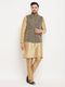 Vastramay Men's Black Ethnic Jacket With Rose Gold Silk Blend Kurta and Pant Style Pyjama Set